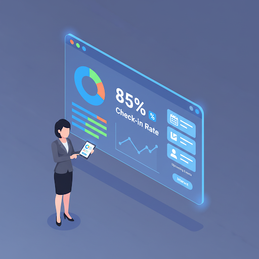 Isometric illustration of a floating digital dashboard interface showing event check-in metrics.