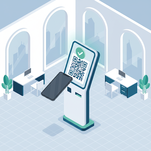 Isometric illustration of a sleek smartphone scanning a large QR code on a professional check-in kiosk.